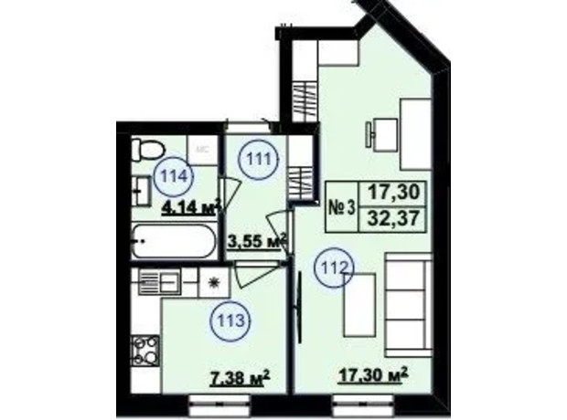 Клубный дом София 2: планировка 1-комнатной квартиры 32.37 м²