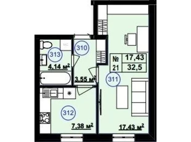 Клубный дом София 2: планировка 1-комнатной квартиры 32.5 м²