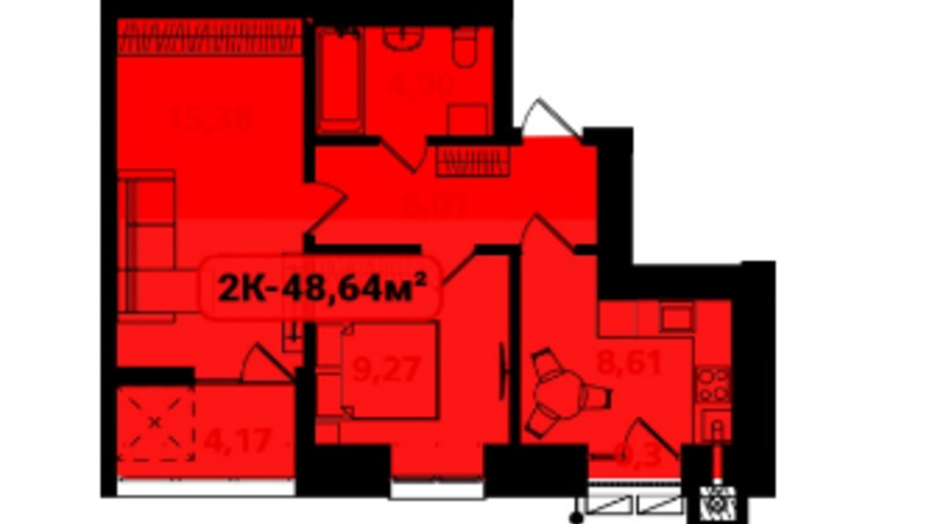 Планування 2-кімнатної квартири в ЖК Опришівська Слобода 48.64 м², фото 617493