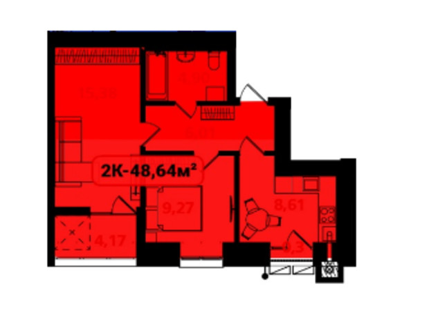 ЖК Опришівська Слобода: планировка 2-комнатной квартиры 48.64 м²