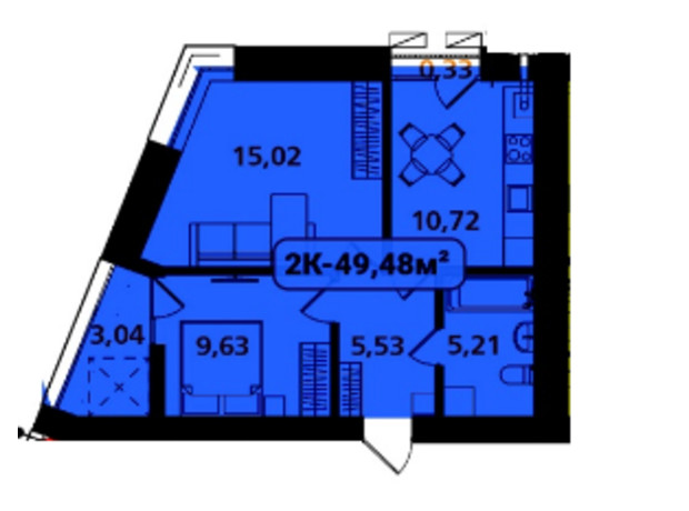 ЖК Опришівська Слобода: планировка 2-комнатной квартиры 49.48 м²