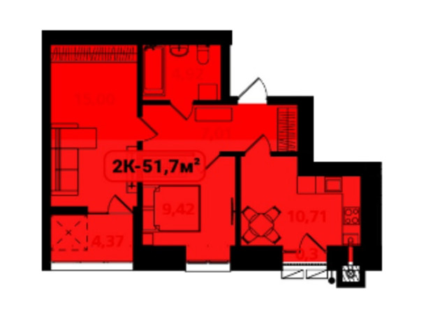 ЖК Опришівська Слобода: планировка 2-комнатной квартиры 51.7 м²