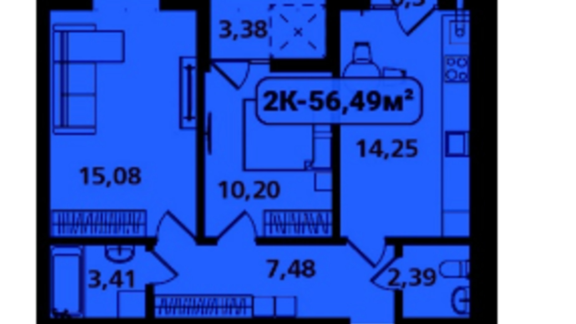 Планування 2-кімнатної квартири в ЖК Опришівська Слобода 56.49 м², фото 617497