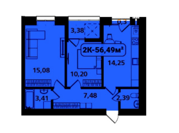 ЖК Опришівська Слобода: планування 2-кімнатної квартири 56.49 м²