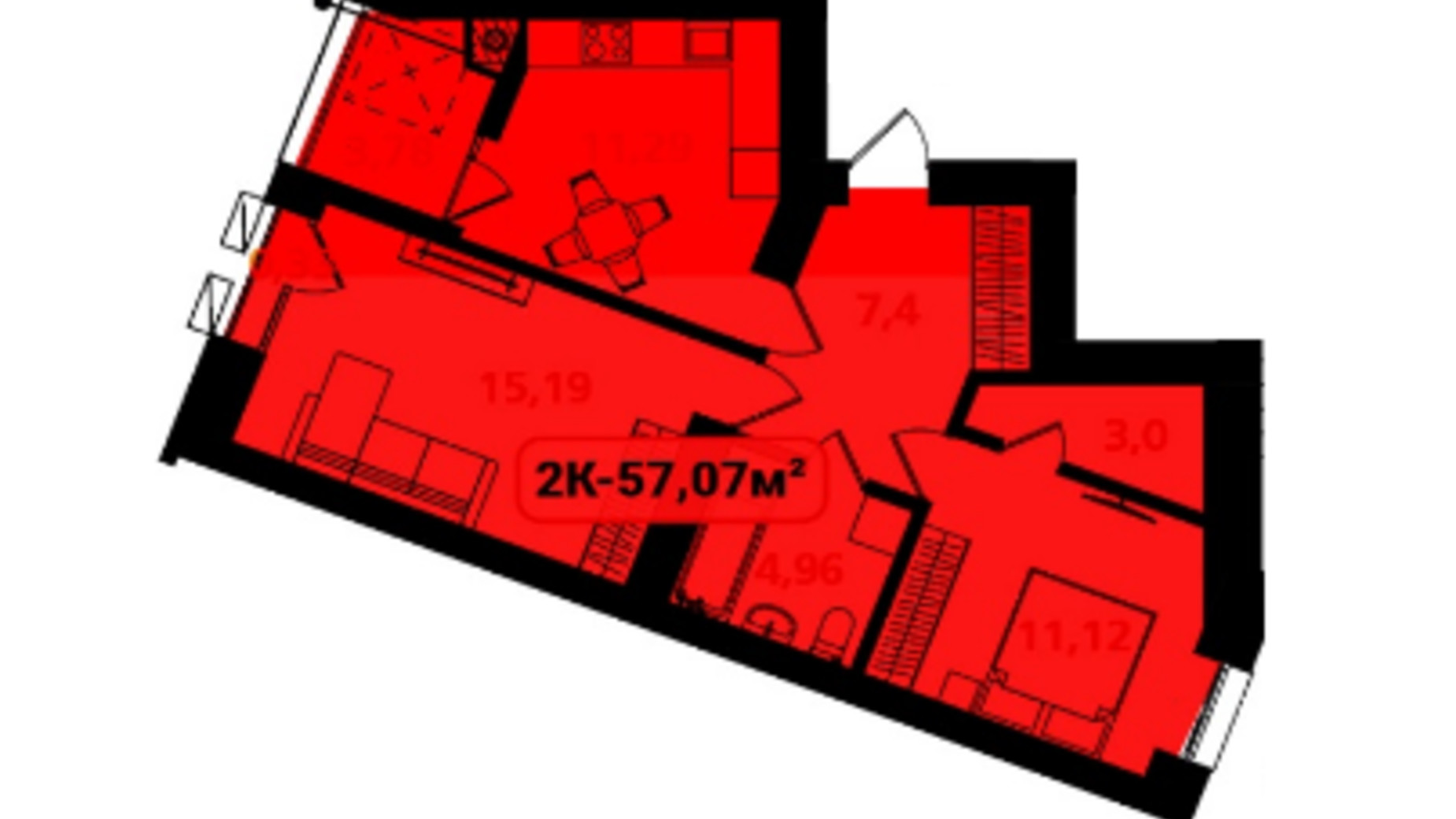 Планировка 2-комнатной квартиры в ЖК Опришівська Слобода 57.07 м², фото 617498