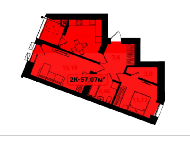 ЖК Опришівська Слобода: планировка 2-комнатной квартиры 57.07 м²