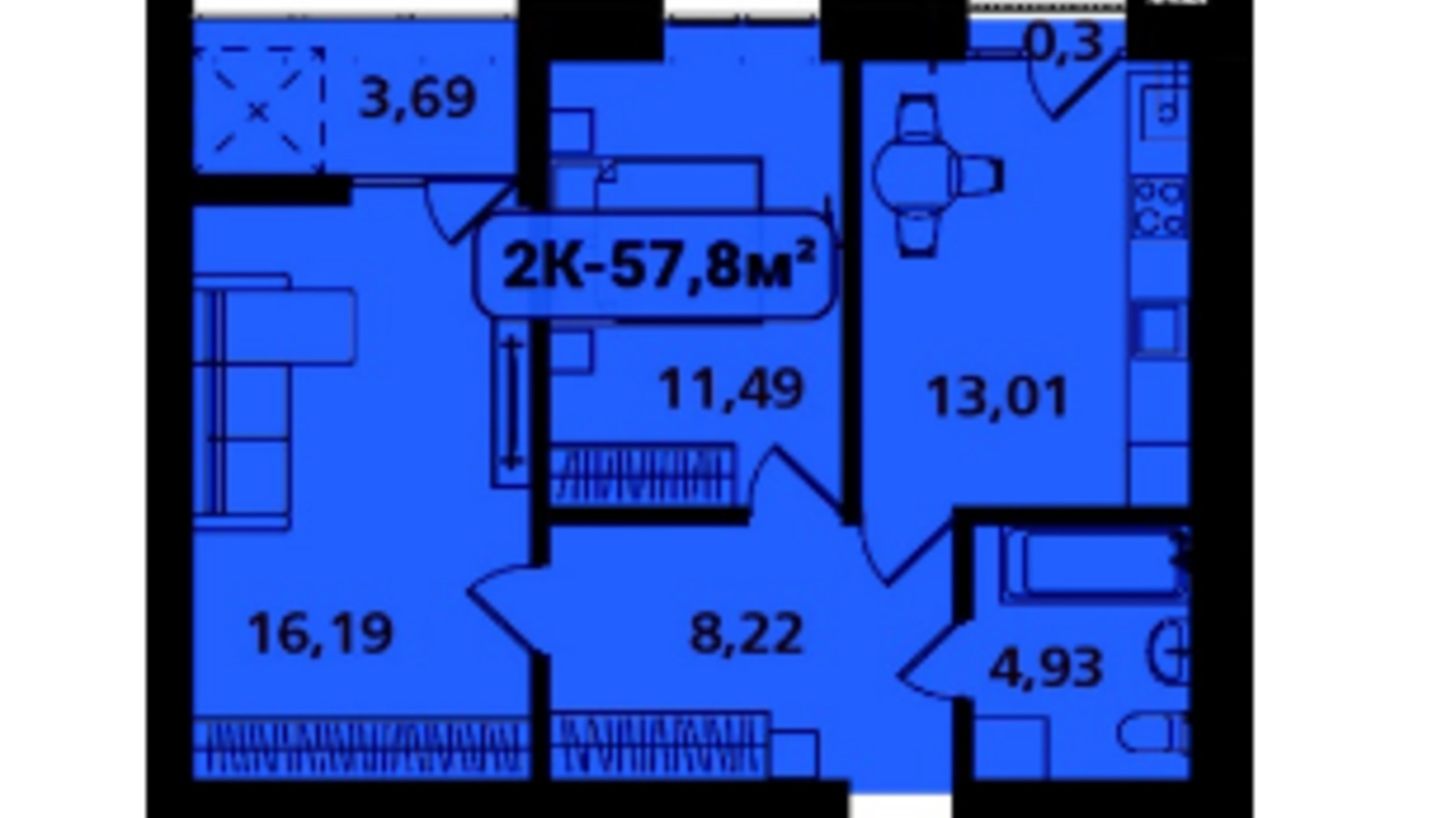 Планування 2-кімнатної квартири в ЖК Опришівська Слобода 57.8 м², фото 617499