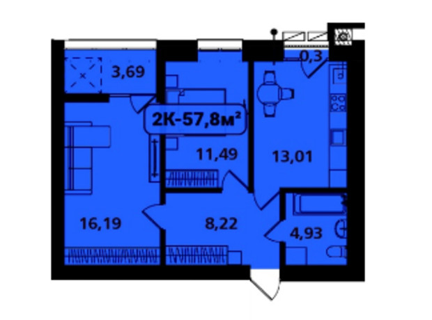 ЖК Опришівська Слобода: планування 2-кімнатної квартири 57.8 м²