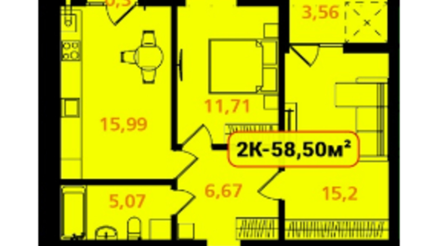 Планування 2-кімнатної квартири в ЖК Опришівська Слобода 58.5 м², фото 617500