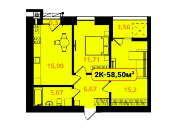 ЖК Опришівська Слобода: планування 2-кімнатної квартири 58.5 м²