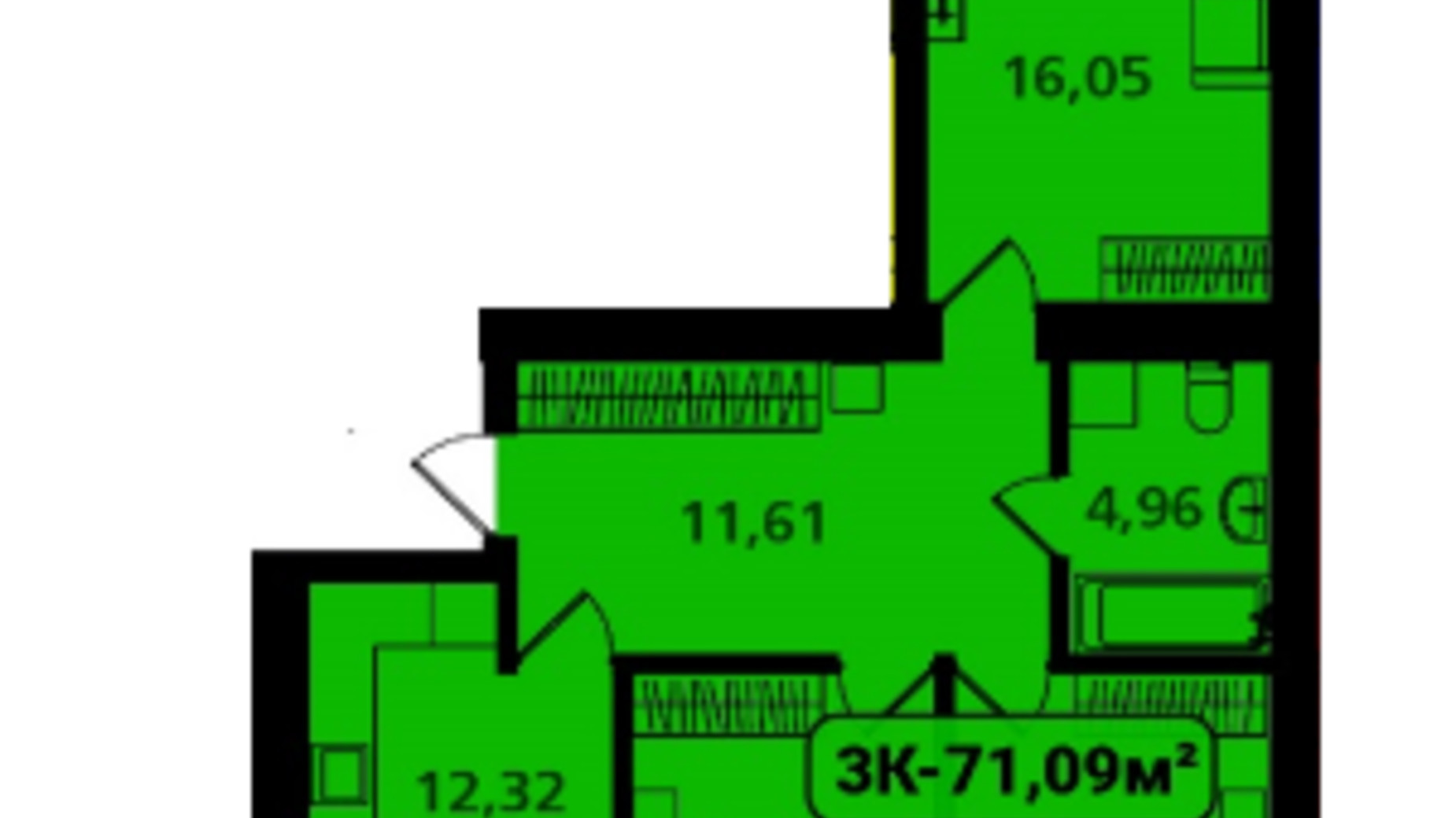 Планування 3-кімнатної квартири в ЖК Опришівська Слобода 71.09 м², фото 617501