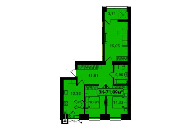 ЖК Опришівська Слобода: планировка 3-комнатной квартиры 71.09 м²