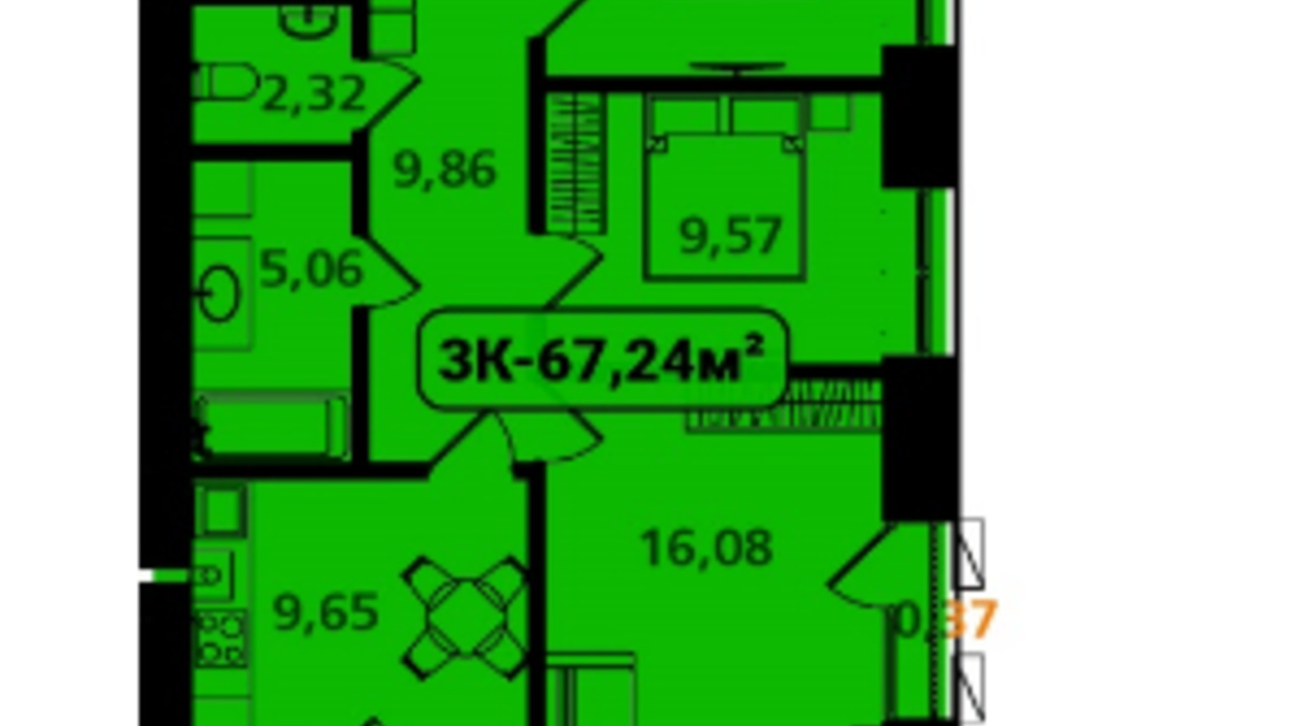 Планування 3-кімнатної квартири в ЖК Опришівська Слобода 67.24 м², фото 617502