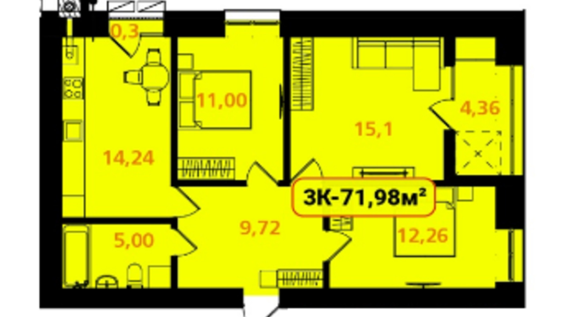 Планування 3-кімнатної квартири в ЖК Опришівська Слобода 71.98 м², фото 617503