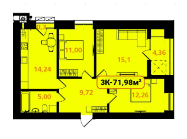 ЖК Опришівська Слобода: планировка 3-комнатной квартиры 71.98 м²