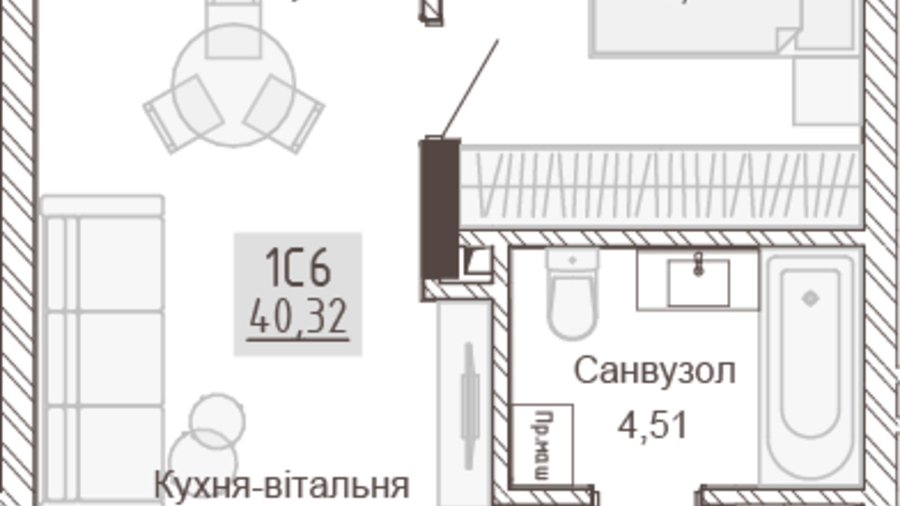 Планировка 1-комнатной квартиры в Апарт-комплекс Pokrovsky Apart Complex 40.11 м², фото 617504