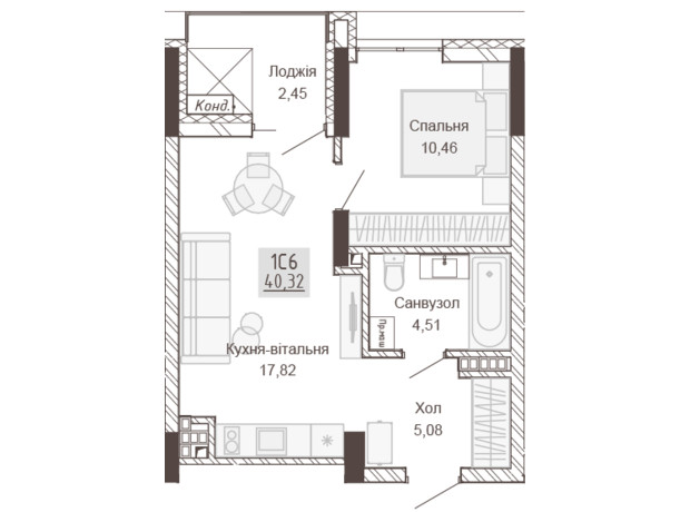 Апарт-комплекс Pokrovsky Apart Complex: планировка 1-комнатной квартиры 40.11 м²