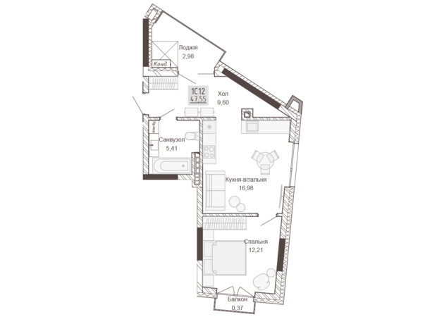 Апарт-комплекс Pokrovsky Apart Complex: планування 1-кімнатної квартири 47.54 м²