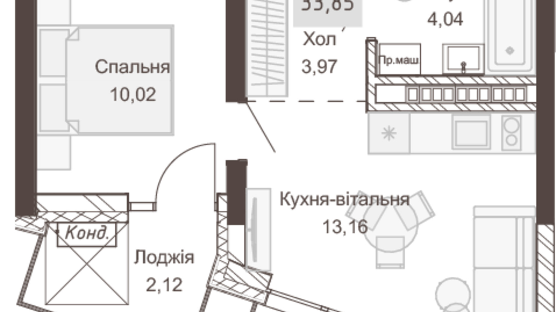 Планировка 1-комнатной квартиры в Апарт-комплекс Pokrovsky Apart Complex 33.85 м², фото 617518