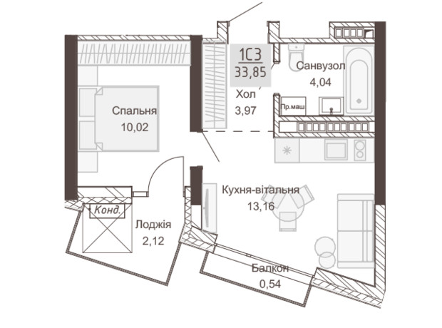 Апарт-комплекс Pokrovsky Apart Complex: планировка 1-комнатной квартиры 33.85 м²