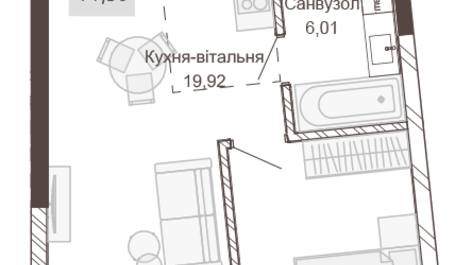 Планировка 1-комнатной квартиры в Апарт-комплекс Pokrovsky Apart Complex 44.56 м², фото 617519