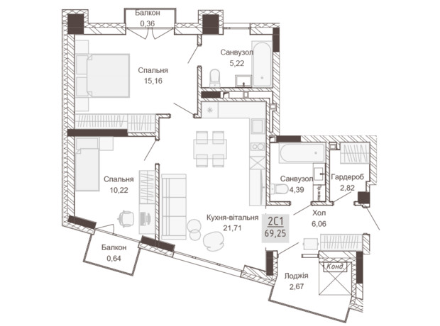 Апарт-комплекс Pokrovsky Apart Complex: планировка 2-комнатной квартиры 69.25 м²