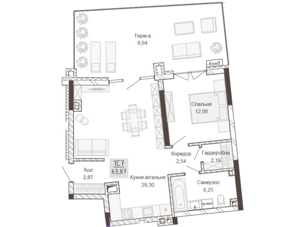 Апарт-комплекс Pokrovsky Apart Complex: планування 1-кімнатної квартири 63.87 м²