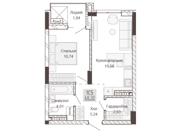 Апарт-комплекс Pokrovsky Apart Complex: планировка 1-комнатной квартиры 40.03 м²