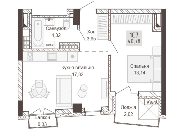 Апарт-комплекс Pokrovsky Apart Complex: планування 1-кімнатної квартири 40.78 м²