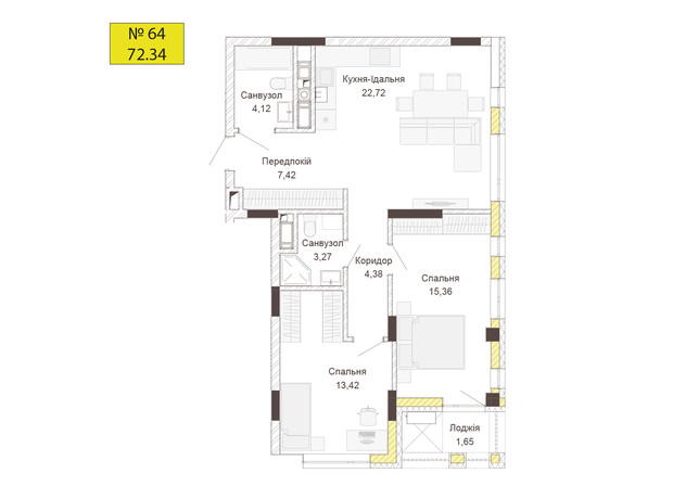 ЖК Empatika: планировка 2-комнатной квартиры 72.34 м²