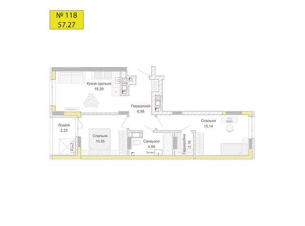 ЖК Empatika: планировка 2-комнатной квартиры 57.27 м²