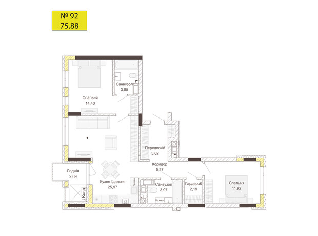 ЖК Empatika: планування 2-кімнатної квартири 75.88 м²