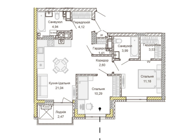 ЖК Empatika: планування 2-кімнатної квартири 65.57 м²