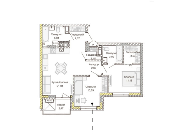 ЖК Empatika: планування 2-кімнатної квартири 65.71 м²