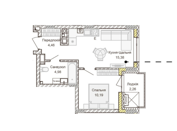 ЖК Empatika: планування 1-кімнатної квартири 37.27 м²