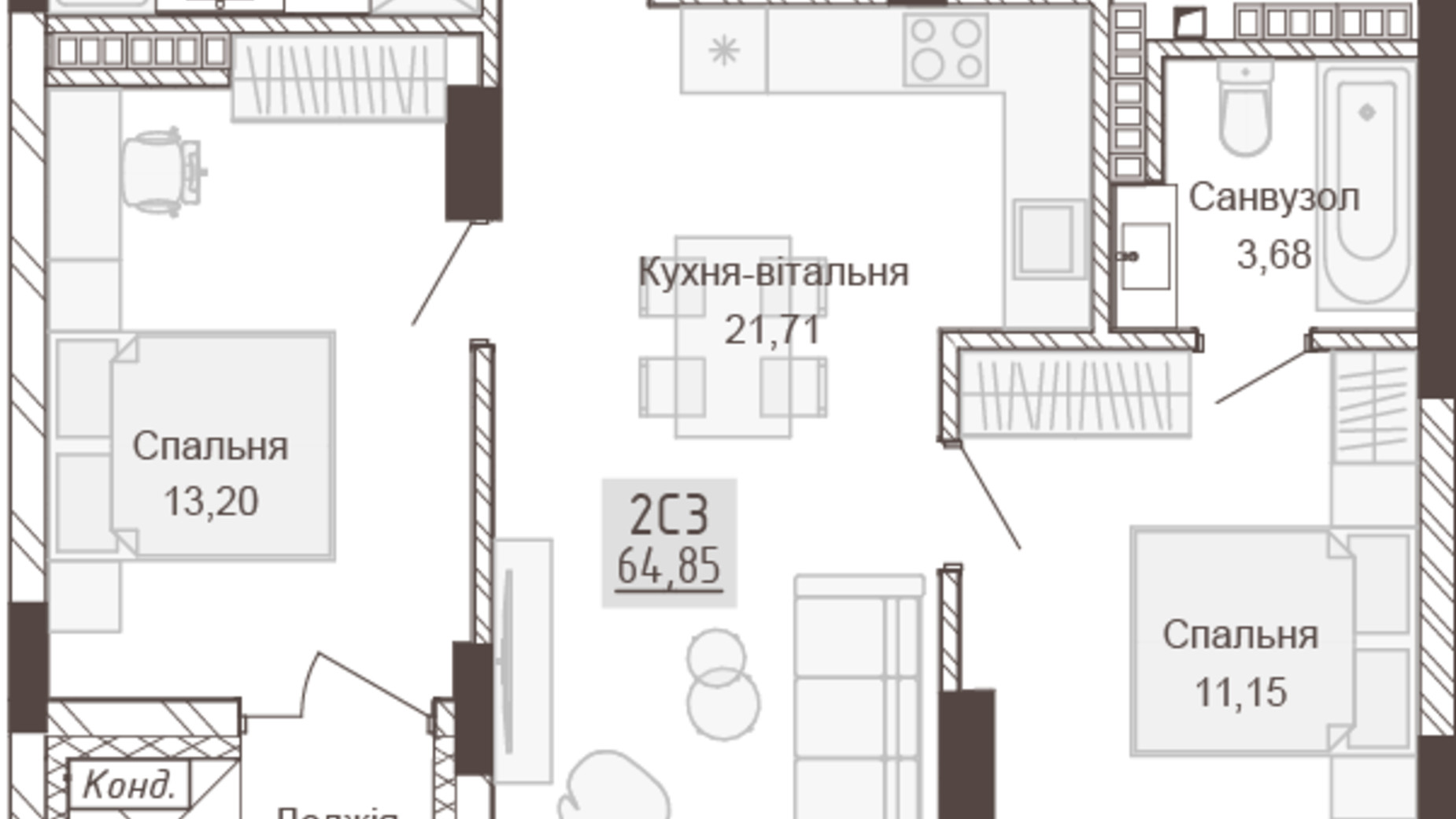 Планування 2-кімнатної квартири в Апарт-комплекс Pokrovsky Apart Complex 64.85 м², фото 617559