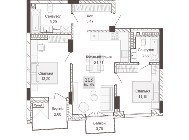 Апарт-комплекс Pokrovsky Apart Complex: планировка 2-комнатной квартиры 64.85 м²