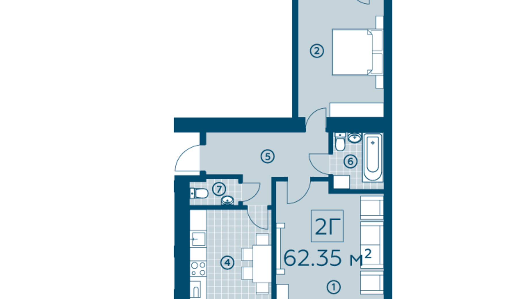 Планировка 2-комнатной квартиры в ЖК Киевский 61.67 м², фото 617703