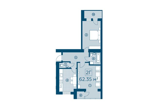 ЖК Київський: планування 2-кімнатної квартири 61.67 м²