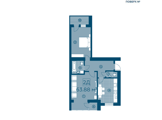 ЖК Киевский: планировка 2-комнатной квартиры 63.88 м²