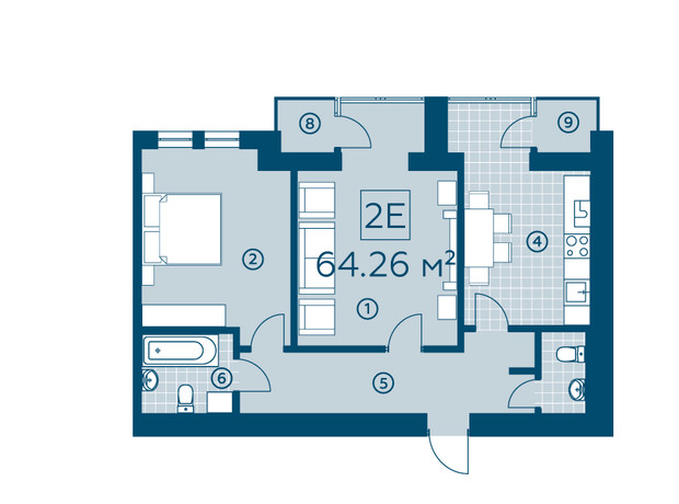 ЖК Киевский: планировка 2-комнатной квартиры 64.26 м²