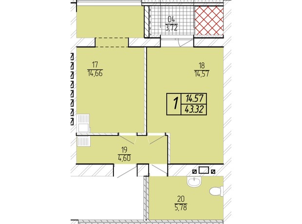 ЖК Sportcity: планировка 1-комнатной квартиры 43.32 м²