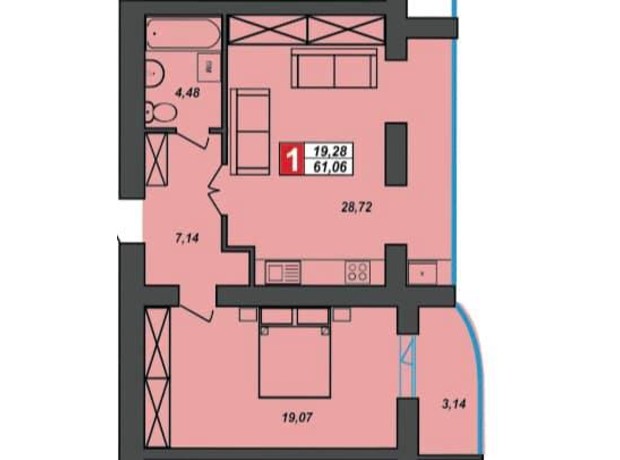 ЖК Sportcity: планировка 1-комнатной квартиры 61.06 м²