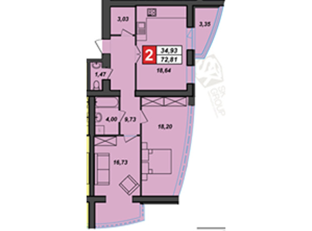 ЖК Sportcity: планировка 2-комнатной квартиры 72.81 м²
