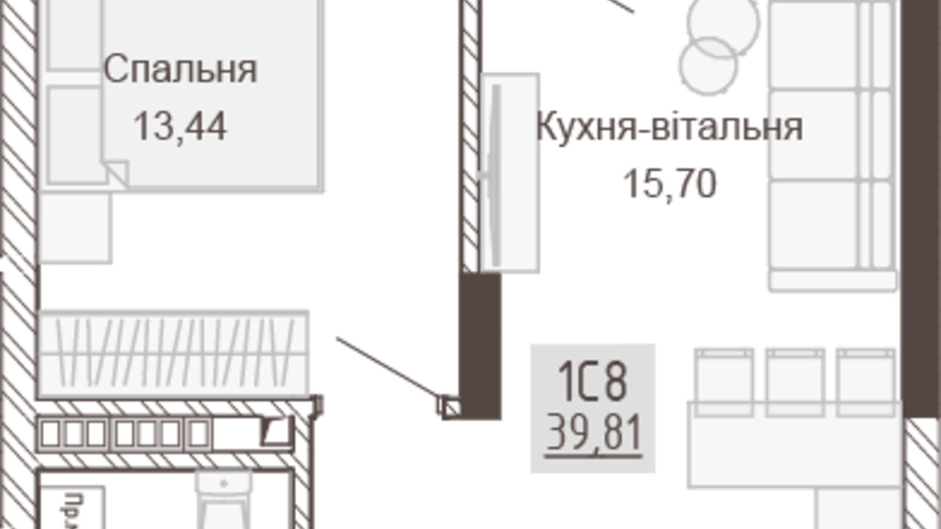 Планировка 1-комнатной квартиры в Апарт-комплекс Pokrovsky Apart Complex 39.81 м², фото 617732