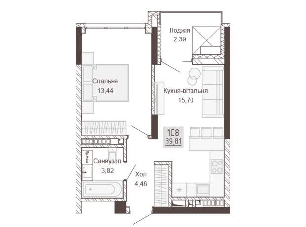 Апарт-комплекс Pokrovsky Apart Complex: планування 1-кімнатної квартири 39.81 м²