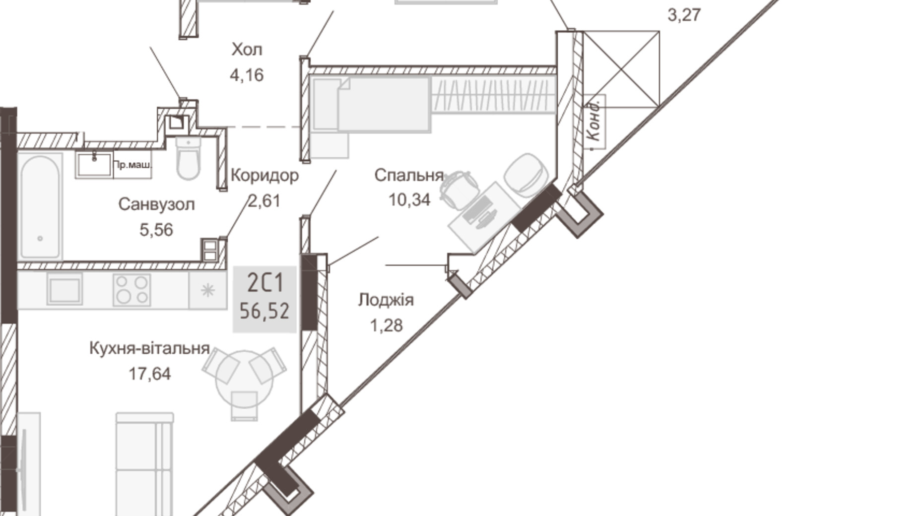 Планування 2-кімнатної квартири в Апарт-комплекс Pokrovsky Apart Complex 56.37 м², фото 617739