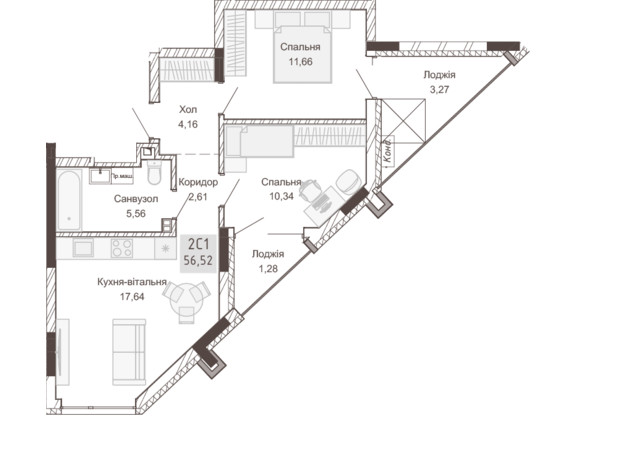 Апарт-комплекс Pokrovsky Apart Complex: планировка 2-комнатной квартиры 56.37 м²