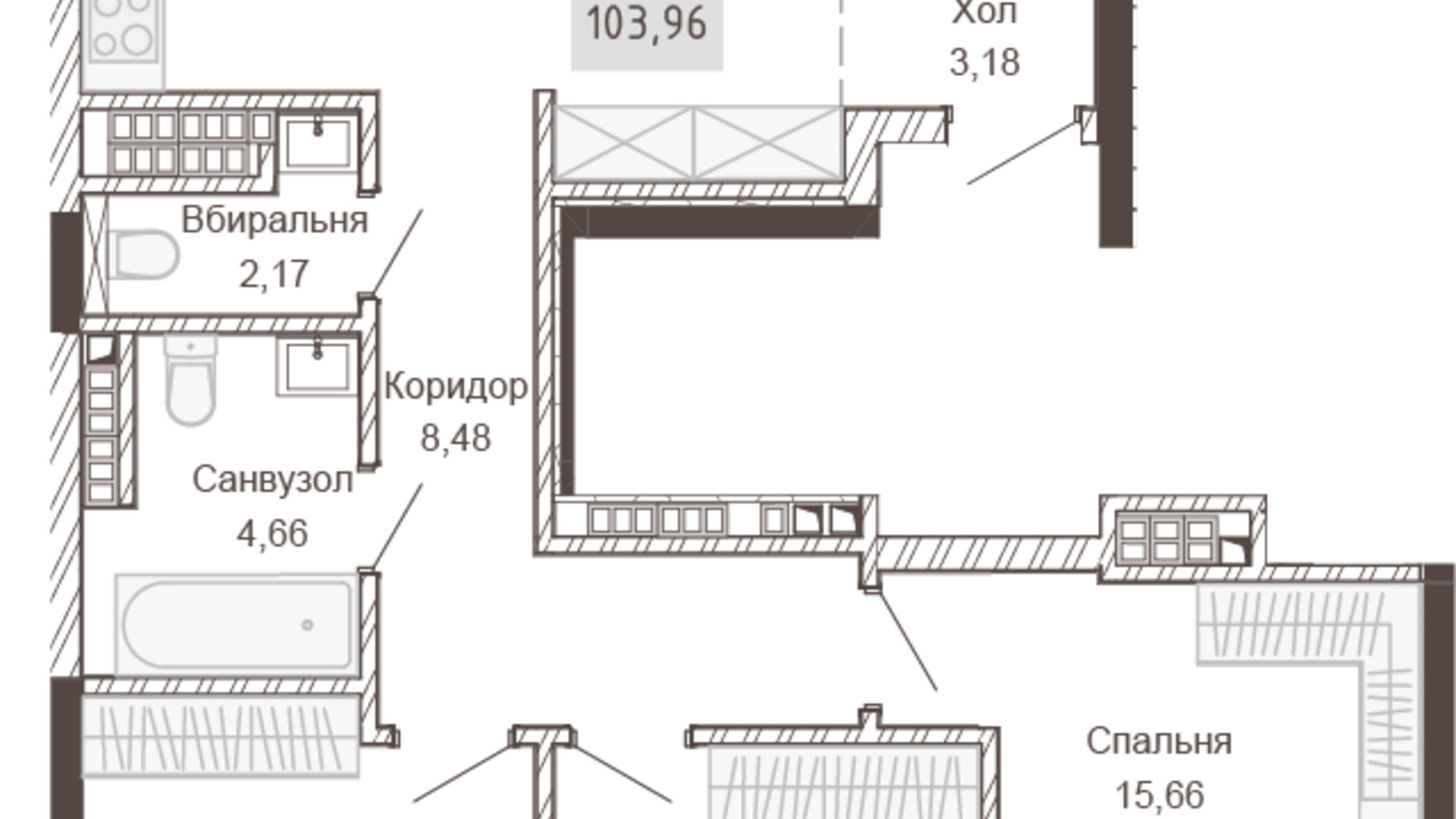 Планировка 3-комнатной квартиры в Апарт-комплекс Pokrovsky Apart Complex 103.96 м², фото 617740