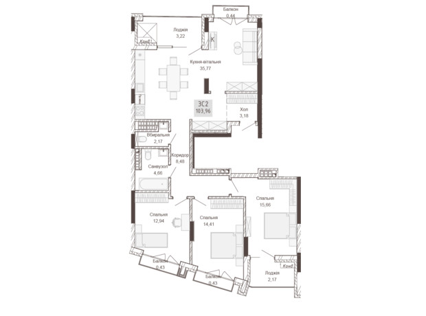 Апарт-комплекс Pokrovsky Apart Complex: планировка 3-комнатной квартиры 103.96 м²